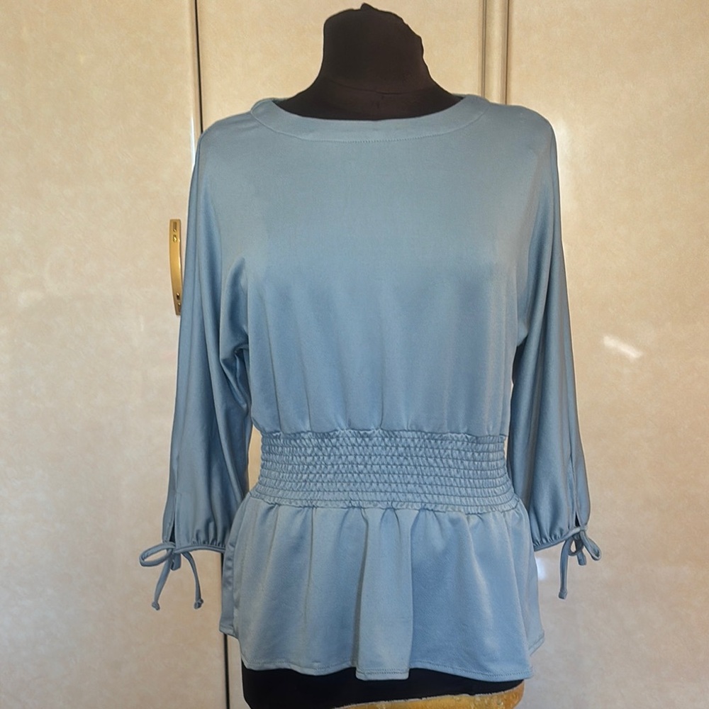 Angela & Alison Blue Smocked Peplum Blouse